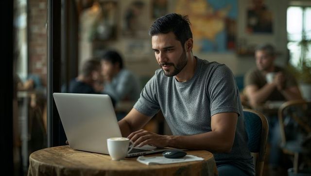 Bearded man working on laptop in cozy cafe with coffee cup and wireless mouse near window