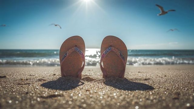 Flip-Flops on Sandy Beach with Serene Ocean Waves
