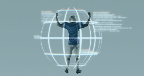 Football Player Interacting with Holographic Digital Globe