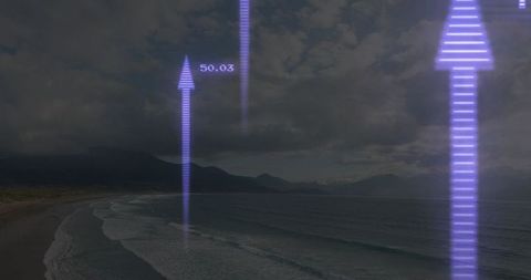 Futuristic holographic arrows over tranquil seascape