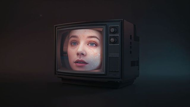 Vintage crt tv displaying woman's face with cinematic lighting