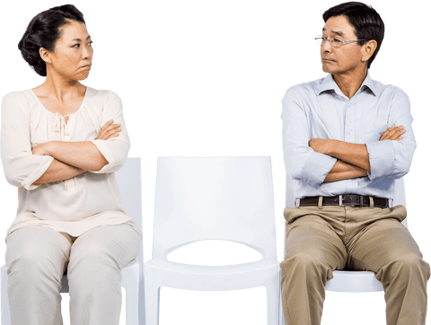 Transparent Angry Asian Couple Sitting Back to Back