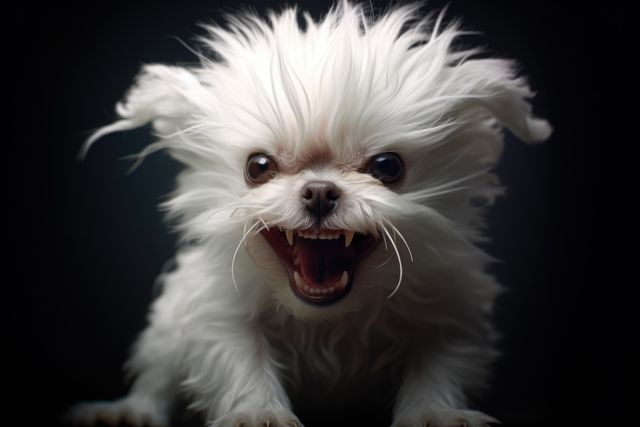 Wrathful small dog with fluffed white fur is snarling aggressively, showing teeth. Great for articles or blogs discussing animal behavior, pet training, or emotions in animals. Suitable for use in pet care advertisements, educational materials, and social media content highlighting pet demeanor.