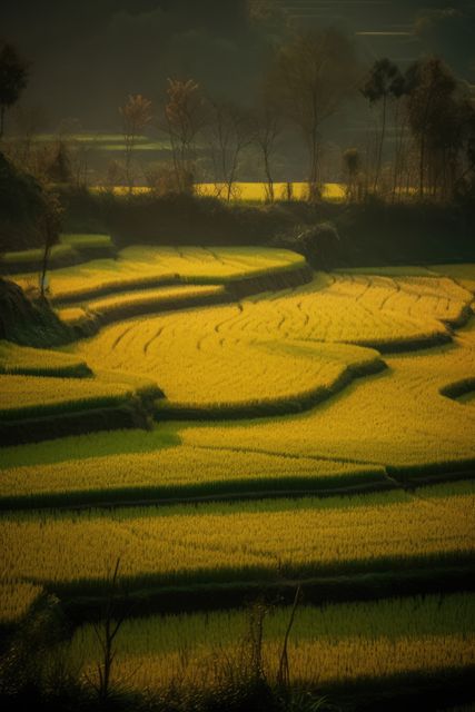 Picturesque golden rice terraces illuminated by soft evening sunlight, casting long shadows. Ideal for themes related to sustainable agriculture, peaceful rural landscapes, and natural beauty. Perfect for backgrounds, travel brochures, or environmental organizations.