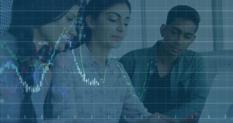 Team Analyzing Data Report with Global Stock Exchange Overlay