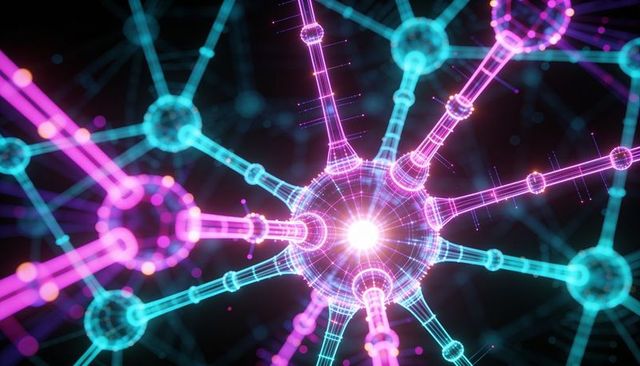 Neon neural network hub connecting glowing nodes in 3d wireframe lattice for futuristic data network