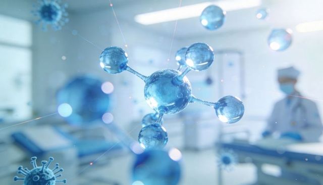 Futuristic blue molecular structure hovering above clinical ward with blurred medic
