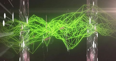 Floating green wireframe mesh in a virtual futuristic space
