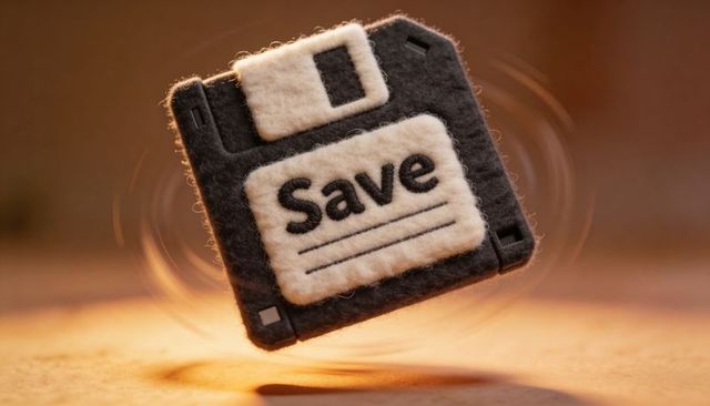Handmade Felt 3.5-Inch Floppy Disk Save Icon Floating Spinning Over Warm Surface