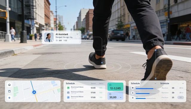 Walking pedestrian crossing city street with ar navigation overlay and smart shoe tracking