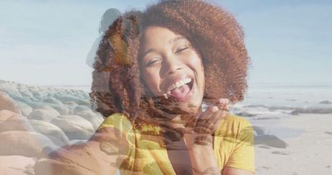 Joyful selfie on beach mixed with memories abstract art