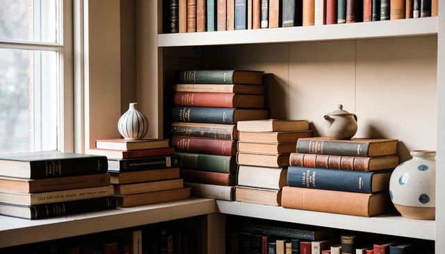 Cozy reading nook featuring stacked vintage hardback books and ceramic vases by window