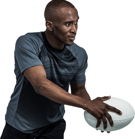 Confident sportsman throwing rugby ball on transparent background