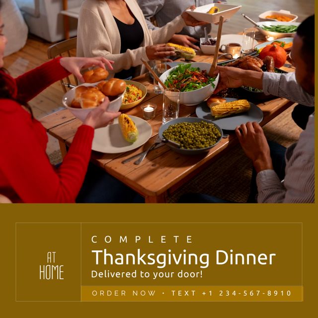 This scene captures a family enjoying a traditional Thanksgiving dinner at home. They are sharing a meal with bowls of food, roasted turkey, and various side dishes, highlighting the holiday's communal aspect. Use this for promoting Thanksgiving dinner services, family gatherings, or seasonal food offerings.