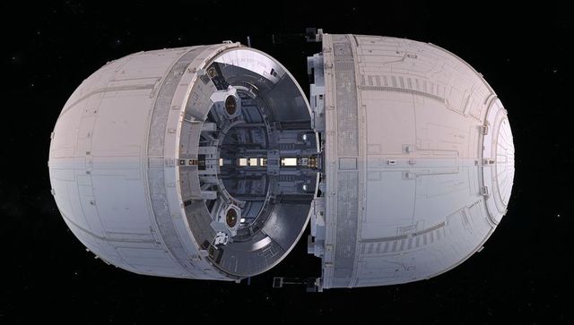 Modular spacecraft capsule splitting open revealing circular interior ring and equipment