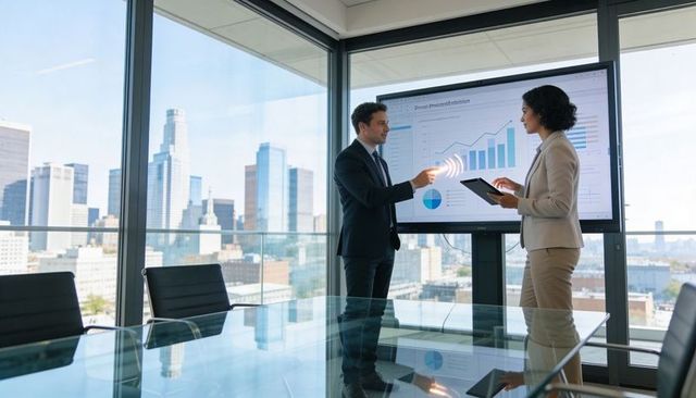 Executive presenting interactive charts in modern glass boardroom with city skyline view