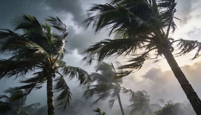 Swaying palm trees during tropical storm with driving rain and dramatic cloudy sky