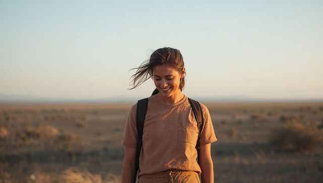 Smiling woman hiking at golden hour on arid grassland with backpack and casual attire