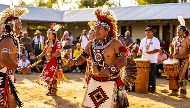Shirtless dancers wearing feathered regalia dancing and playing drums at outdoor celebration