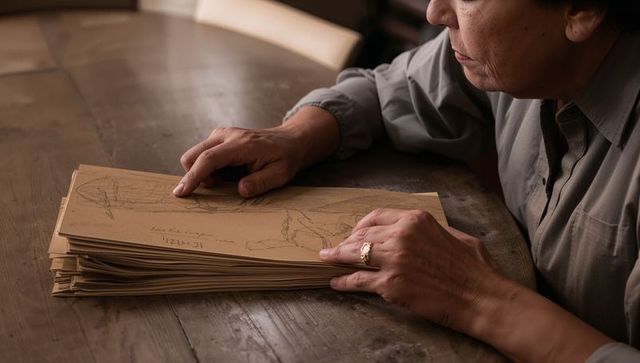 Senior man examining vintage kraft sketch stack, turning pages on wooden table