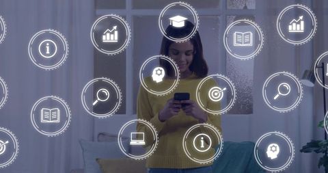 Young woman using smartphone with floating digital education and analytics icons