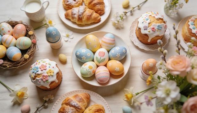 Pastel easter brunch flatlay featuring hand-painted eggs, iced cakes, croissants
