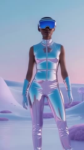 Scanning Alien Plain in Reflective Futuristic Jumpsuit - Vertical Sci-Fi Exploration