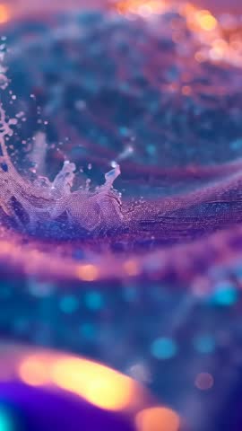Vertical macro video capturing iridescent liquid crown splash launching sparkling droplets