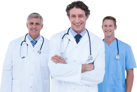 Cheerful transparent doctors group portrait on white background