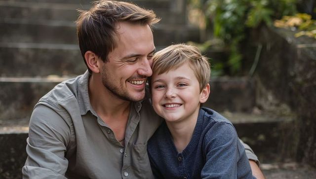Father and son sharing laugh on stone steps in garden casual candid portrait warm light