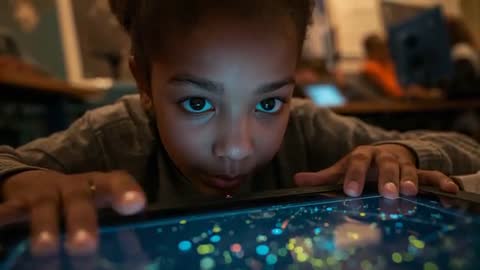 Preteen focusing on interactive tablet, exploring glowing data visualization
