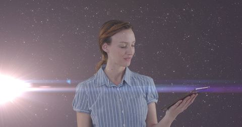 Caucasian Businesswoman Engaging with Tablet in Starry Night