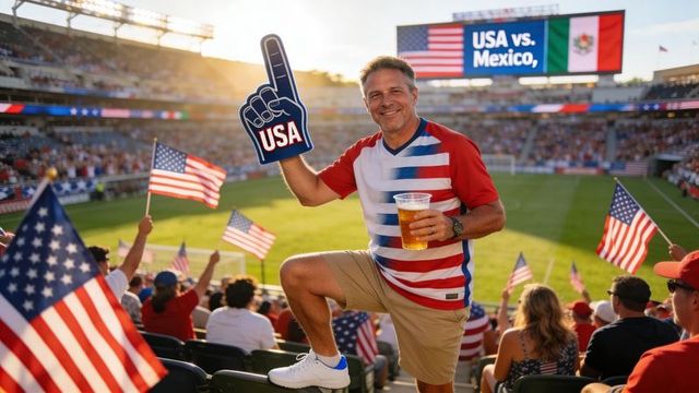 Patriotic soccer fan holding usa foam finger and beer cheering in stadium crowd for usa vs mexico ma