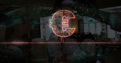 Holographic Euro Currency Projection Over Business Table With Circuitry Glow and Team Figures