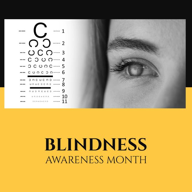 Composition of blindness awareness month text, eye test and woman's eye. World blindness awareness month, eyesight and health concept.