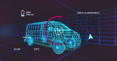 Digital Wireframe Van with Speedometer and Navigation