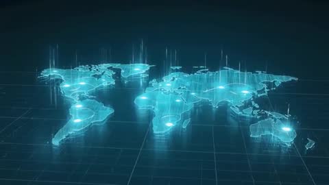 Futuristic Holographic World Map with Network Nodes and Pulsing Beams
