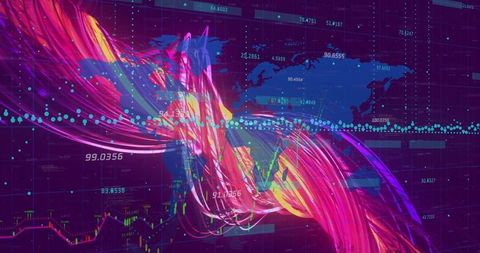 Abstract data visual ribbons on digital world map interface
