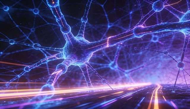 Neon neural network tunnel with glowing neurons sending pulses through digital mesh