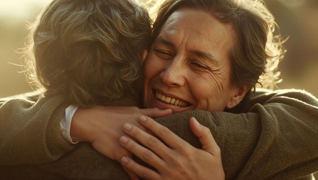Midlife woman embracing loved one in golden-hour hug, smiling with warmth and relief