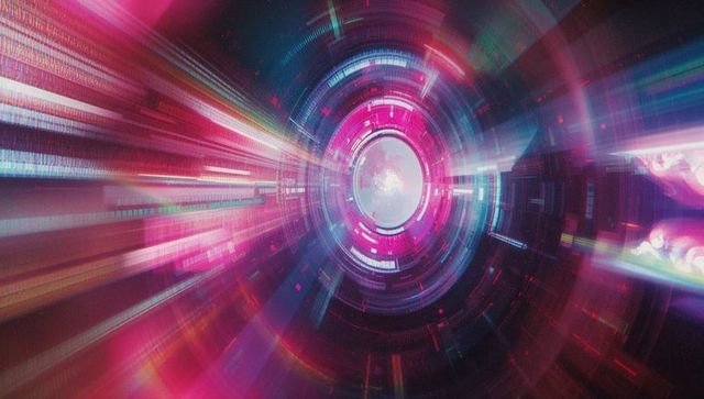 Neon Cyber Tunnel with Radiant Light Streaks and Digital Elements