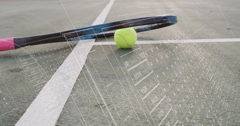 Tennis racket with digital overlay on court for dynamic recreation