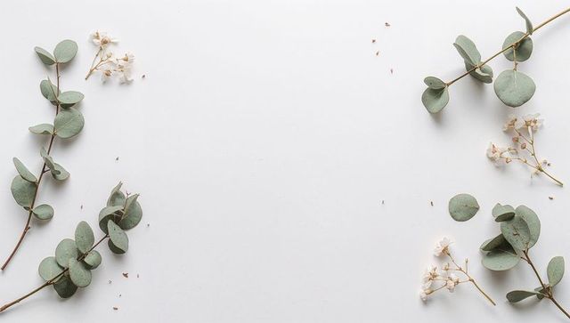 Eucalyptus sprigs framing negative space minimalist flat-lay with white filler flowers