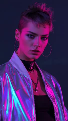 Model Tilting Head and Shifting Gaze in Neon Studio Vertical Fashion Cinematic Video