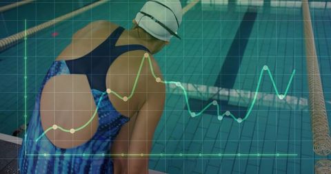 Swimmer analyzing performance with graph overlay at poolside