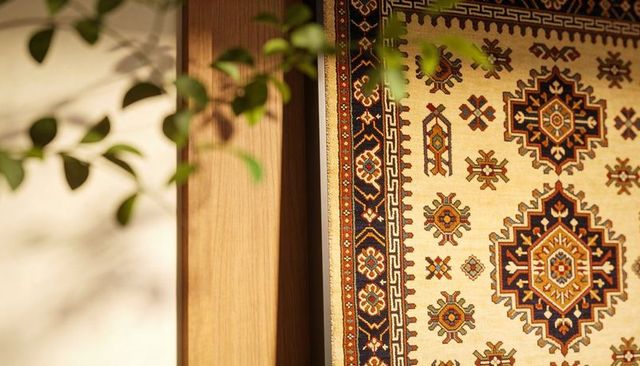 Displaying ornate oriental rug with medallion pattern on warm wood wall and soft copy space