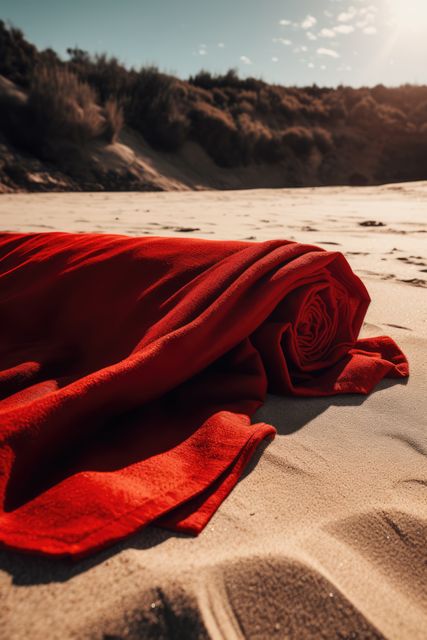 Rolled Red Blanket on Sunny Sand Dunes Beach - Download Free Stock Images Pikwizard.com