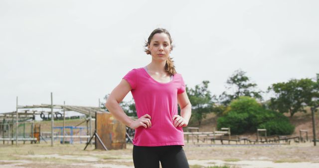 A confident young woman in athletic gear standing outdoors, hands on hips, exuding strength. Suitable for promoting fitness, healthy living, casual clothing, outdoor activities, and empowerment themes.