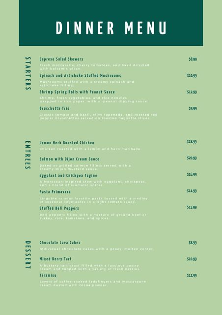 Elegant minimalist dinner menu design featuring a mint green background and sophisticated font. The menu is divided into sections: starters, entrees, and dessert, with detailed descriptions of each dish along with their prices. Ideal for upscale restaurants, cafes, or event catering. The clean and stylish layout emphasizes readability and a high-end dining experience.