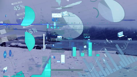 Digital Data and Statistics Over Serene Lake Landscape